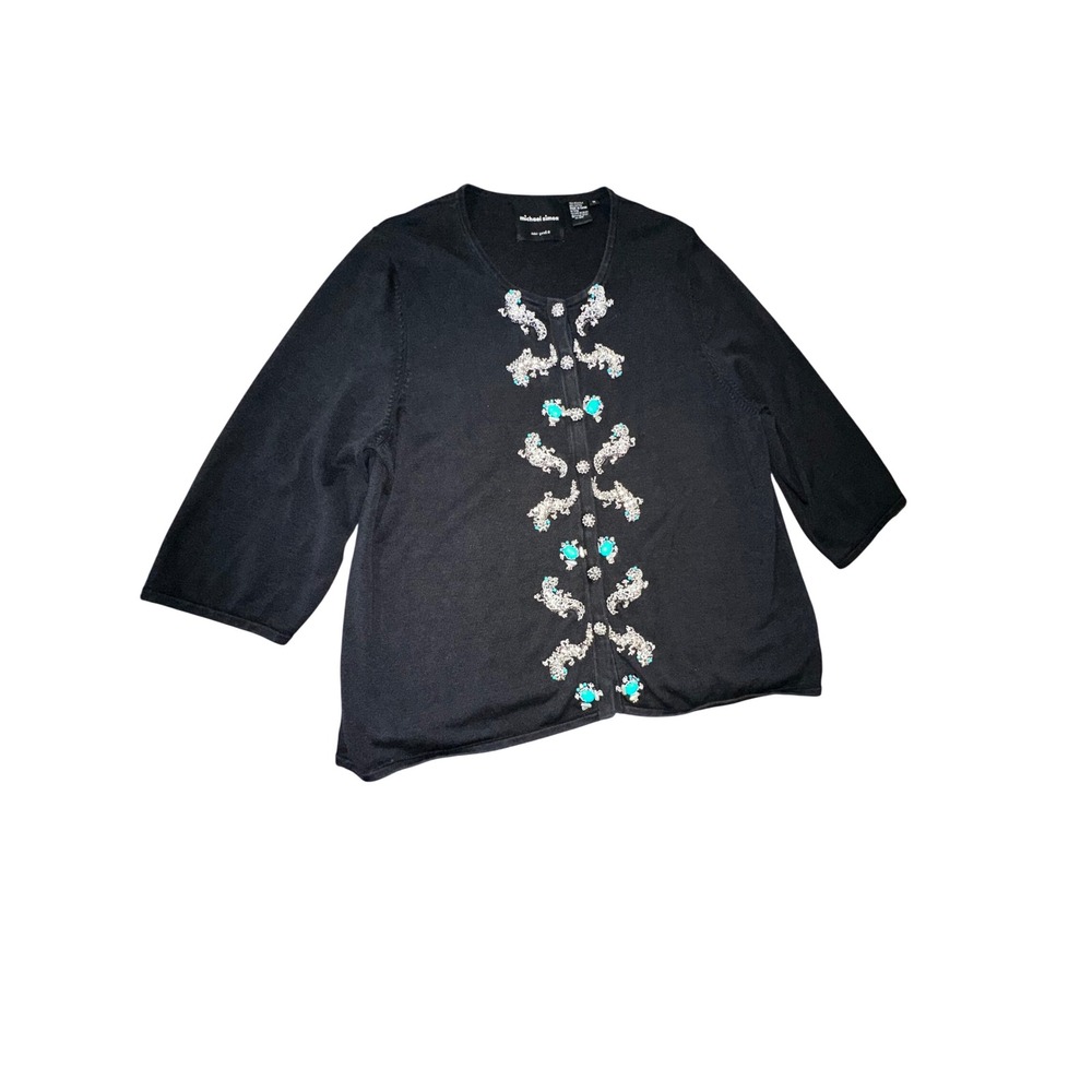 Michael Simon Beaded Lizard Frog Silk Cotton Cardigan Black Turquoise 1X